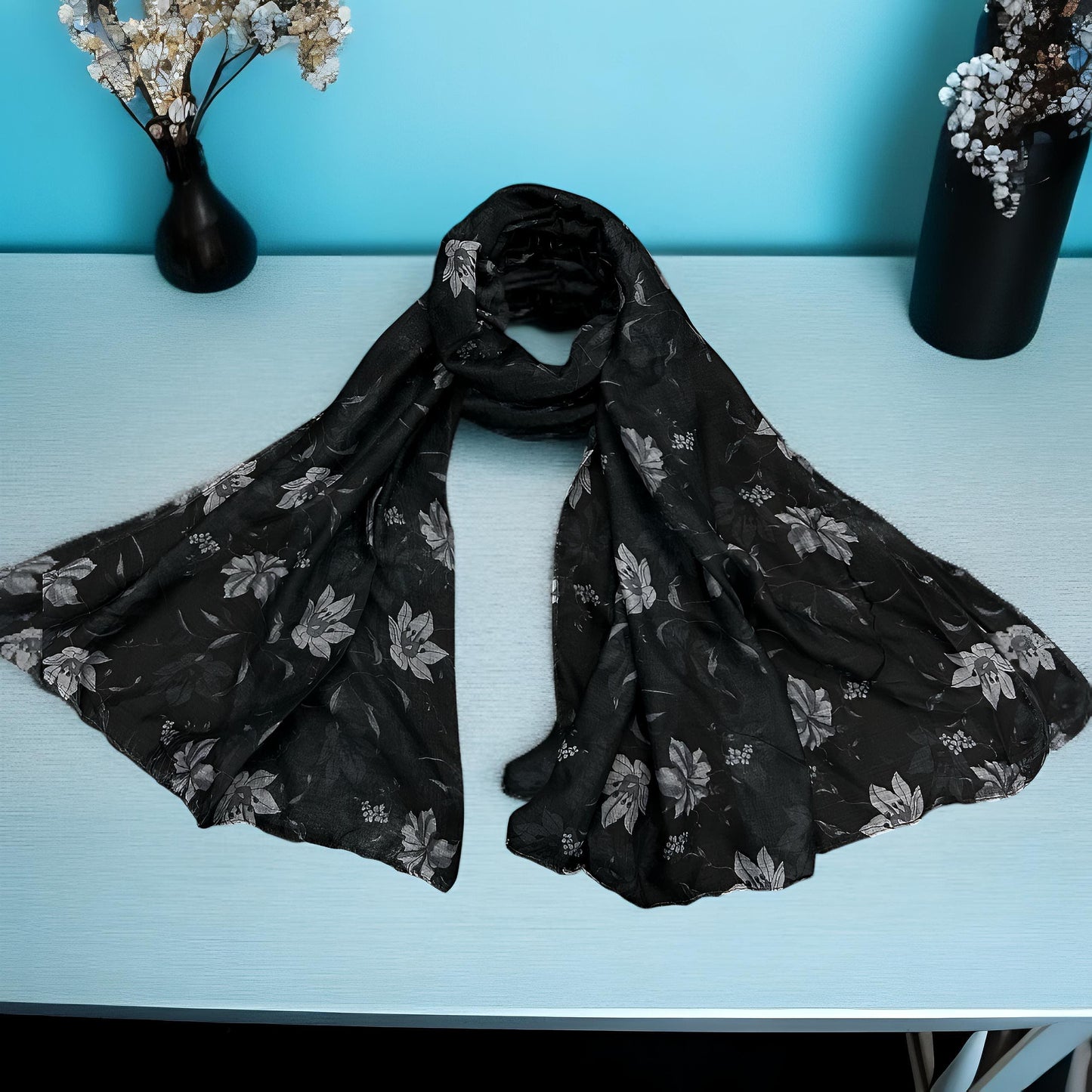 Black Grey Lotus Printed Modal Hijab