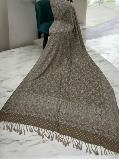 Threadwork Paisley Pashmina Shawl - Coffee Latte Beige