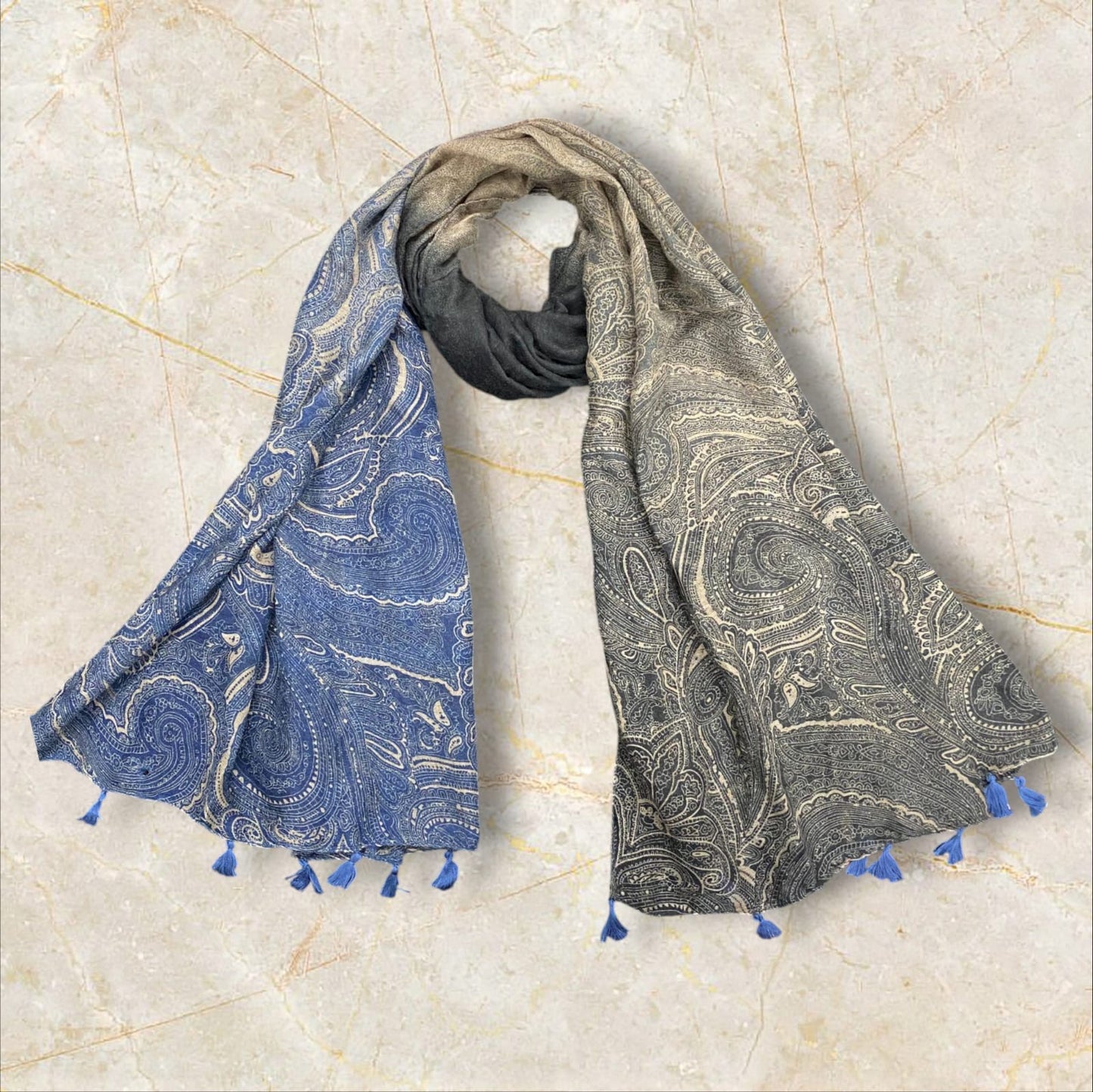Fawn Black Blue Paisley Printed Modal Hijab