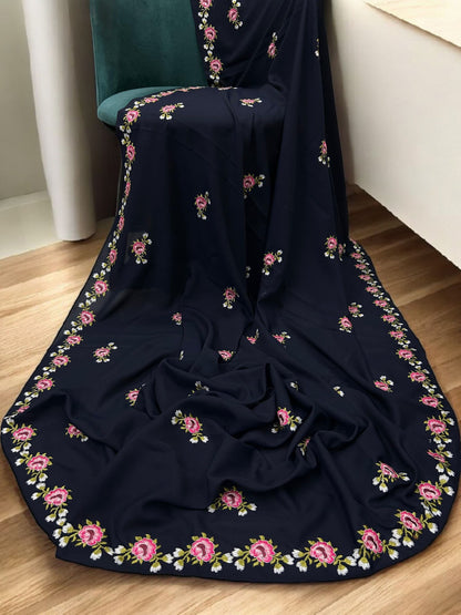 Navy Blue Pink Floral Garden Embroidered Shaal