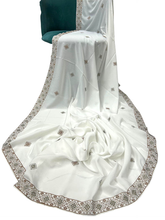 Pure White Squares Threadwork Embroidered Border Shaal