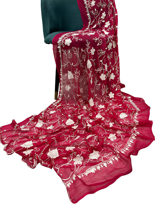 Pink Floral Embroidered Chiffon Dupatta