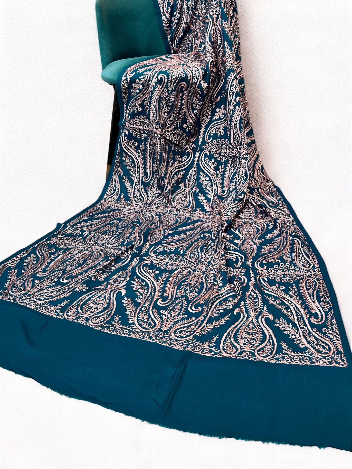 Teal Mauve - Embroidered Paisley Kashmiri Shawl