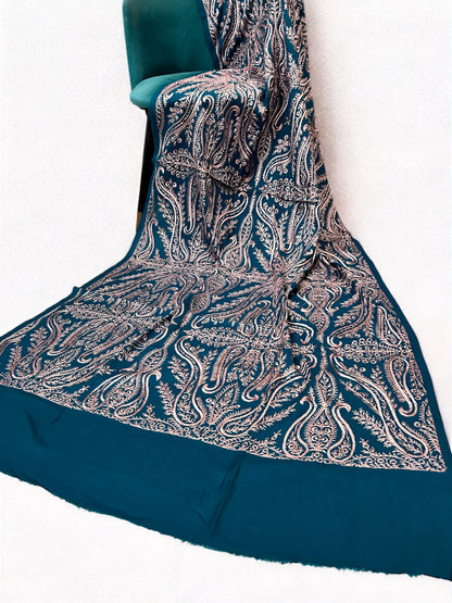 Teal Mauve - Embroidered Paisley Kashmiri Shawl