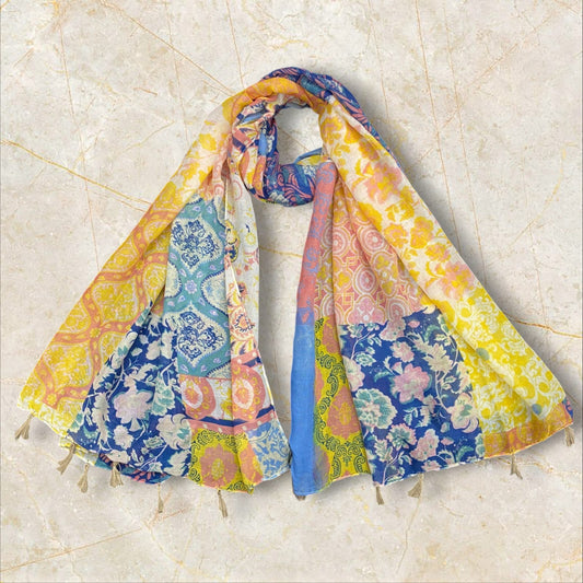 Yellow Blue Pretty Floral Printed Modal Hijab