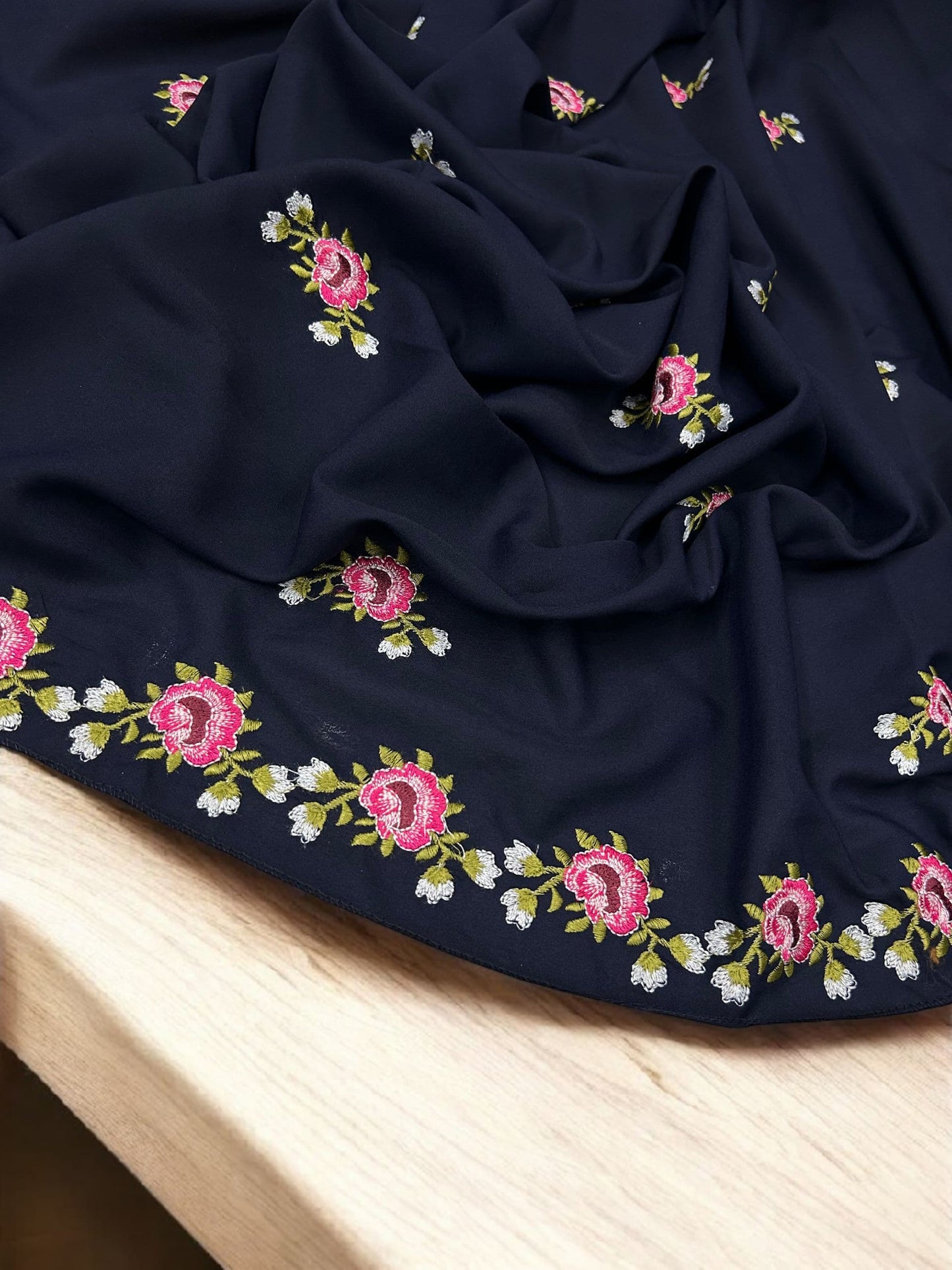 Navy Blue Pink Floral Garden Embroidered Shaal