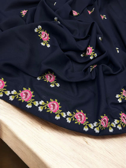 Navy Blue Pink Floral Garden Embroidered Shaal