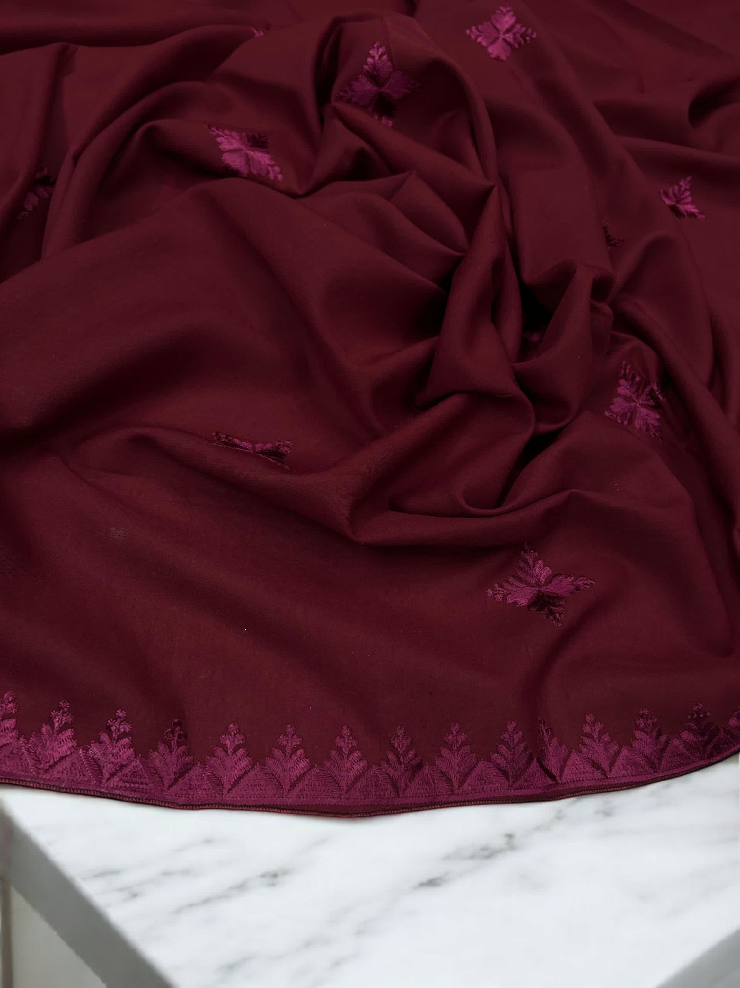 Maroon Pink Curved Floral Border Shaal