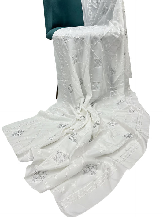 White Silver Embroidered Lawn Dupatta
