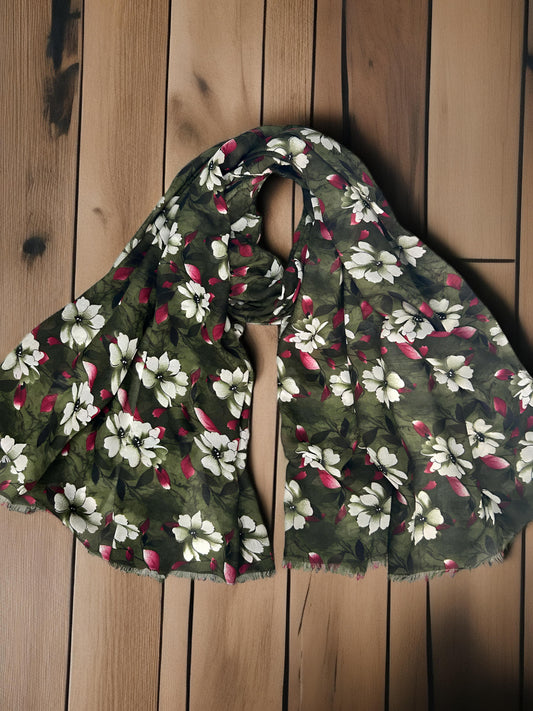 Moss Green Floral Printed Modal Hijab