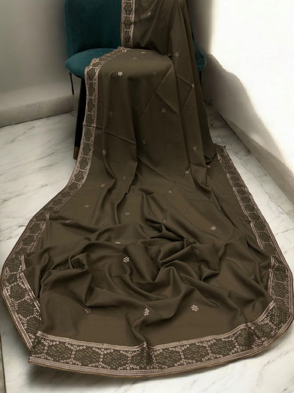 Cedar Brown Beige Honeycomb Fancy Embroidered Shaal