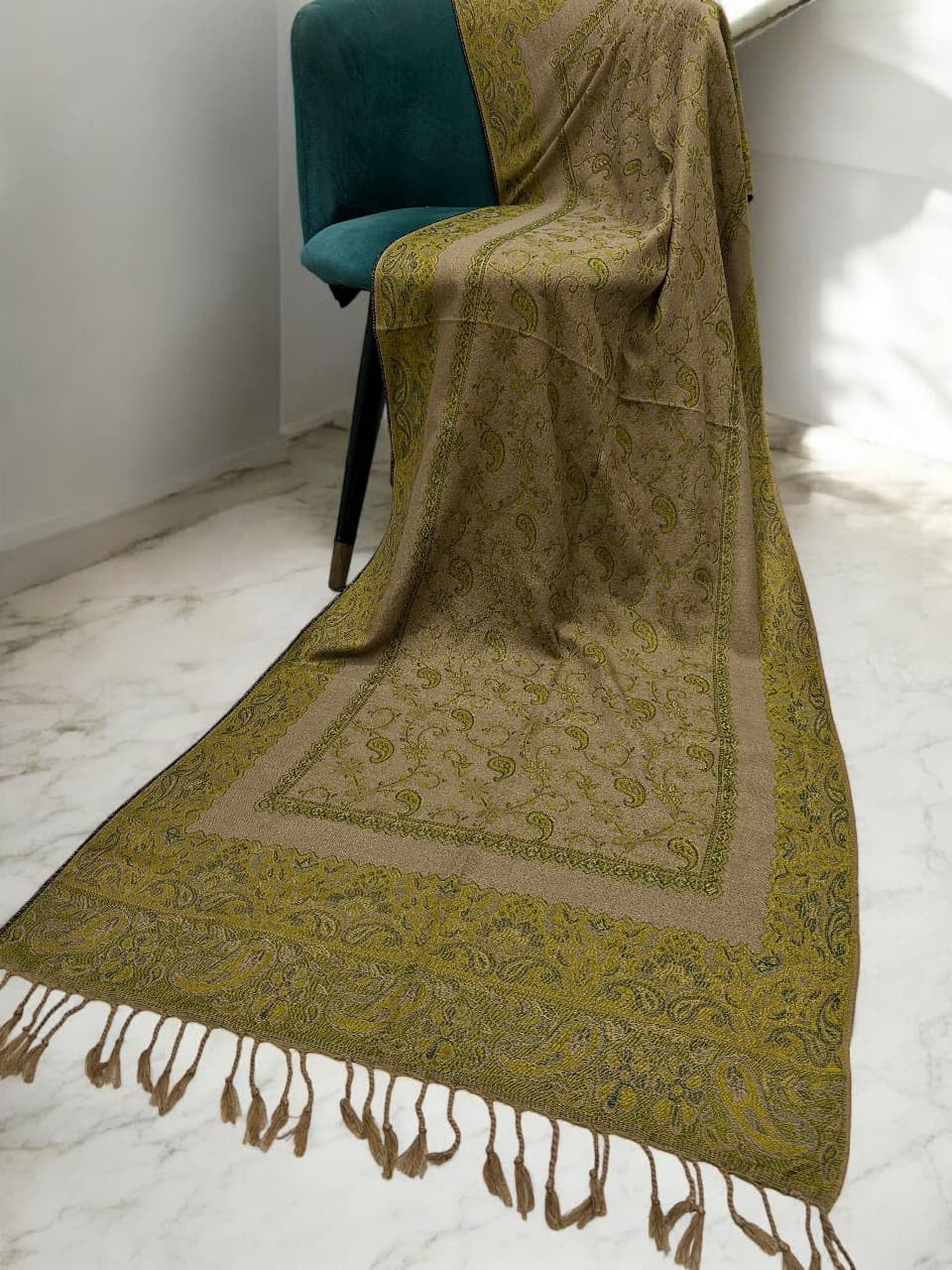 Beige Kelly Green two-tone Paisley Pashmina Hijab