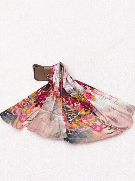 Large Satin Silk Scarf - Blush Pink Grey Abstract