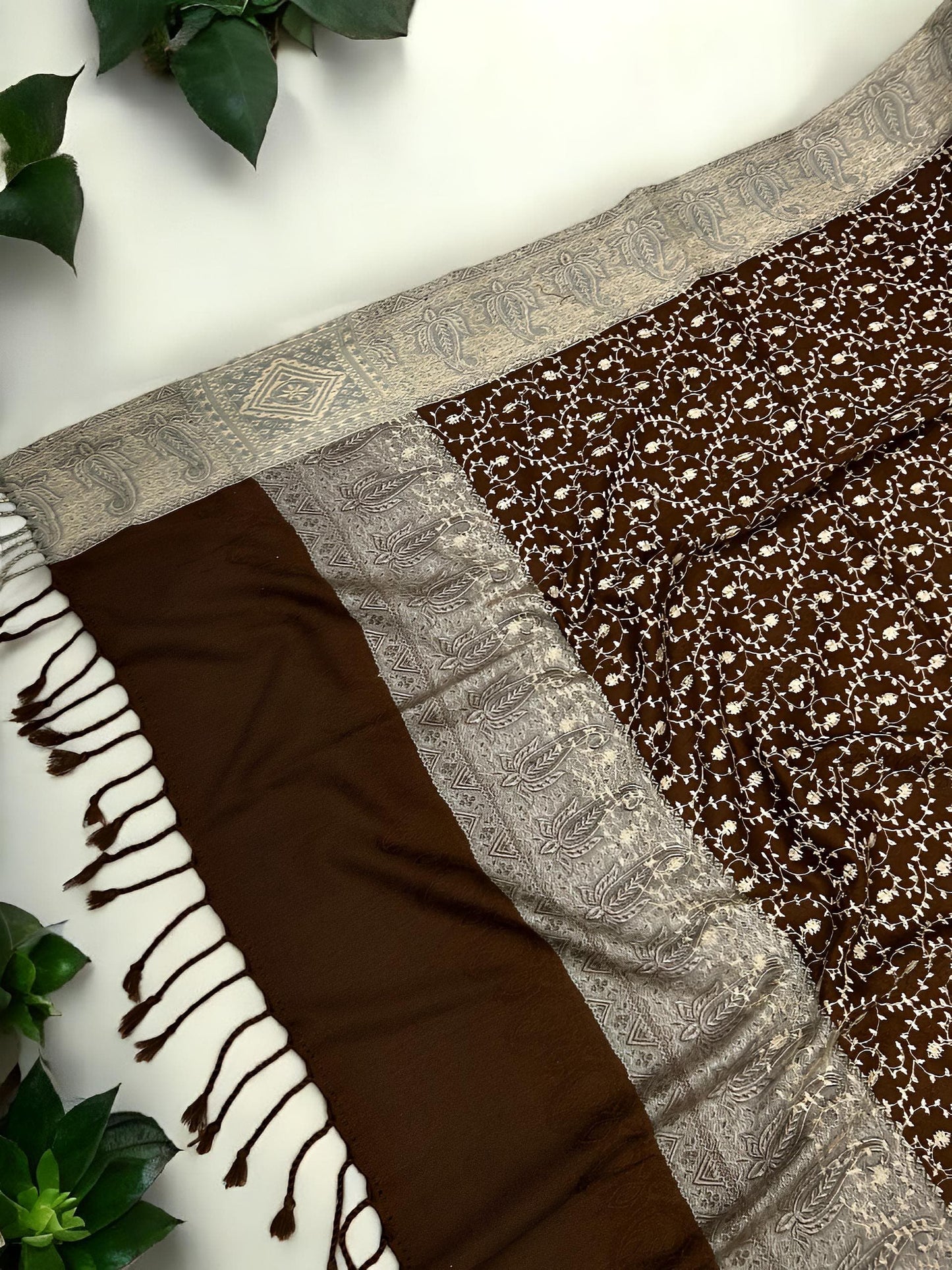 Dark Brown Cream Threadwork Hand Embroidered Pashmina Shawl