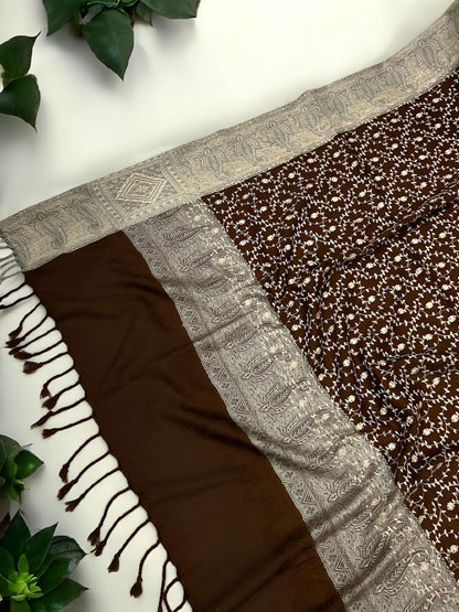 Dark Brown Cream Threadwork Hand Embroidered Pashmina Shawl