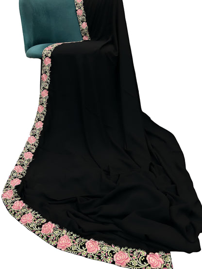 Black Pink Roses Floral Border Shaal