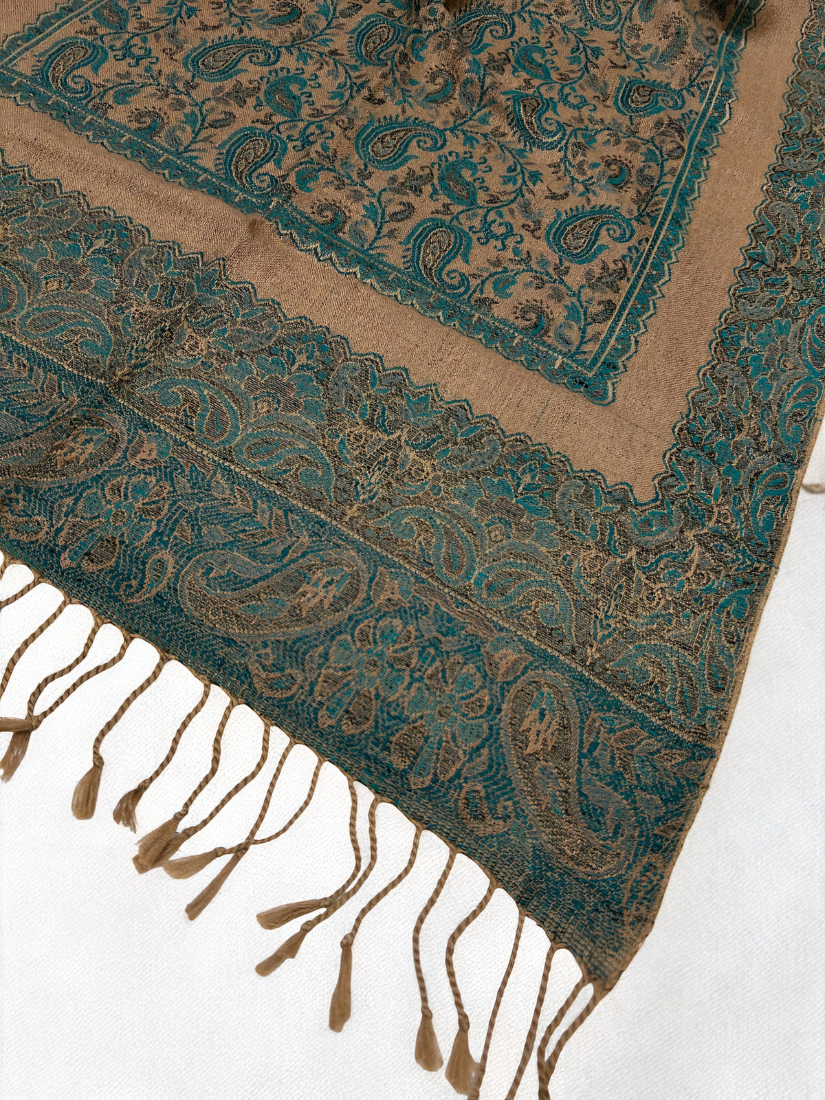 Beige Teal Paisleys Two-Tone Pashmina Hijab