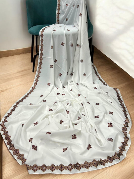 White Brown Floral Diamond Embroidered Shaal