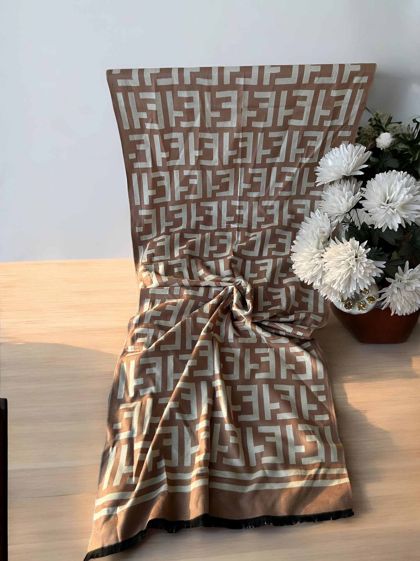 Luxury Branded Wool Scarf - Sand White Fendi