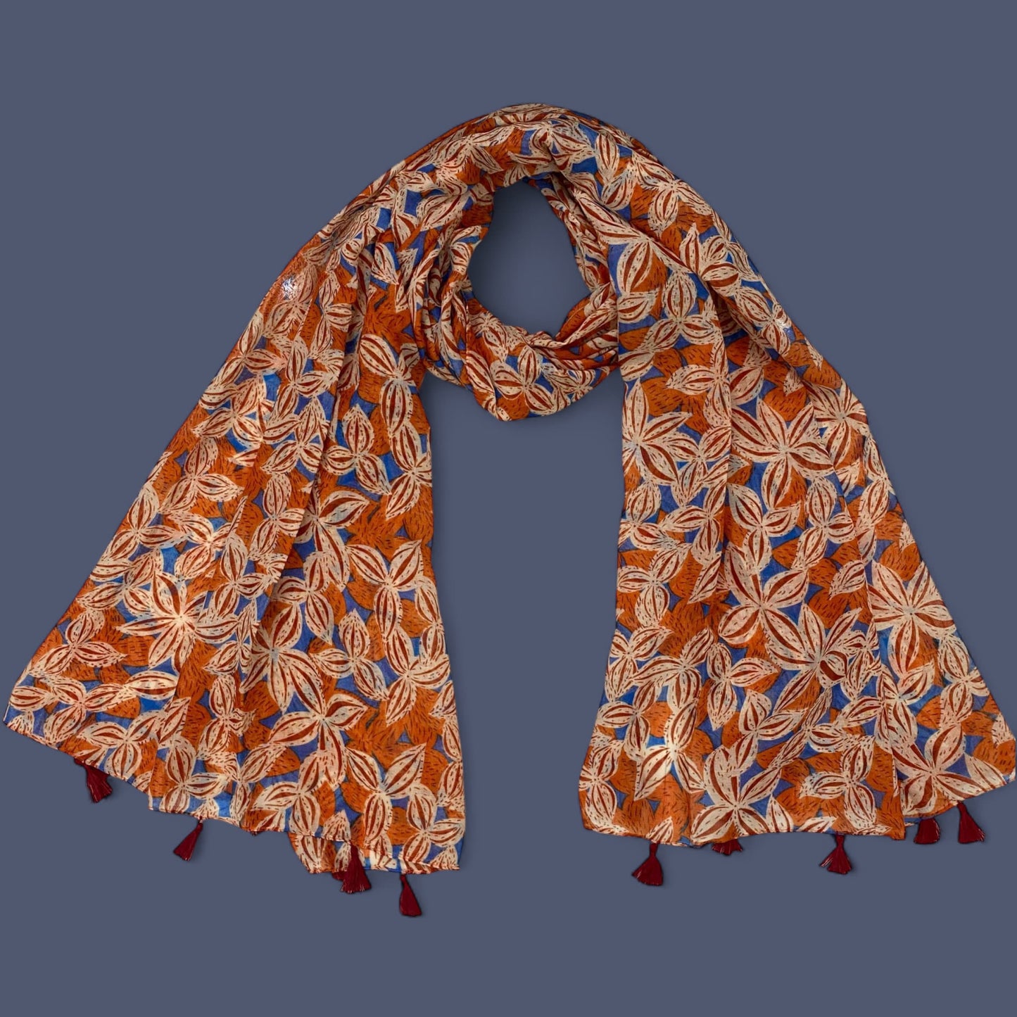 Rust Blue Flowers Printed Modal Hijab