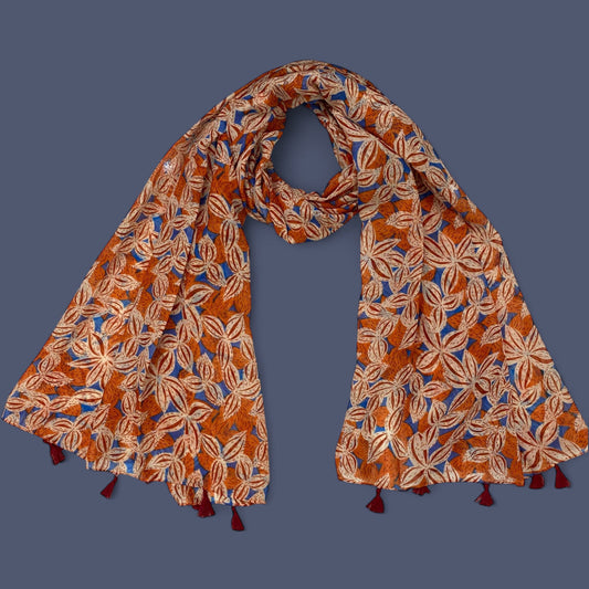 Rust Blue Flowers Printed Modal Hijab