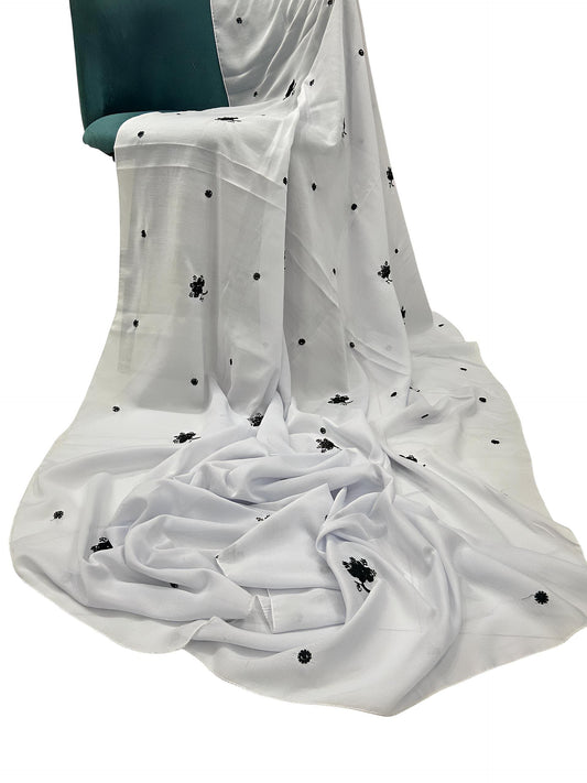 White Floral Embroidered Plain Shaal