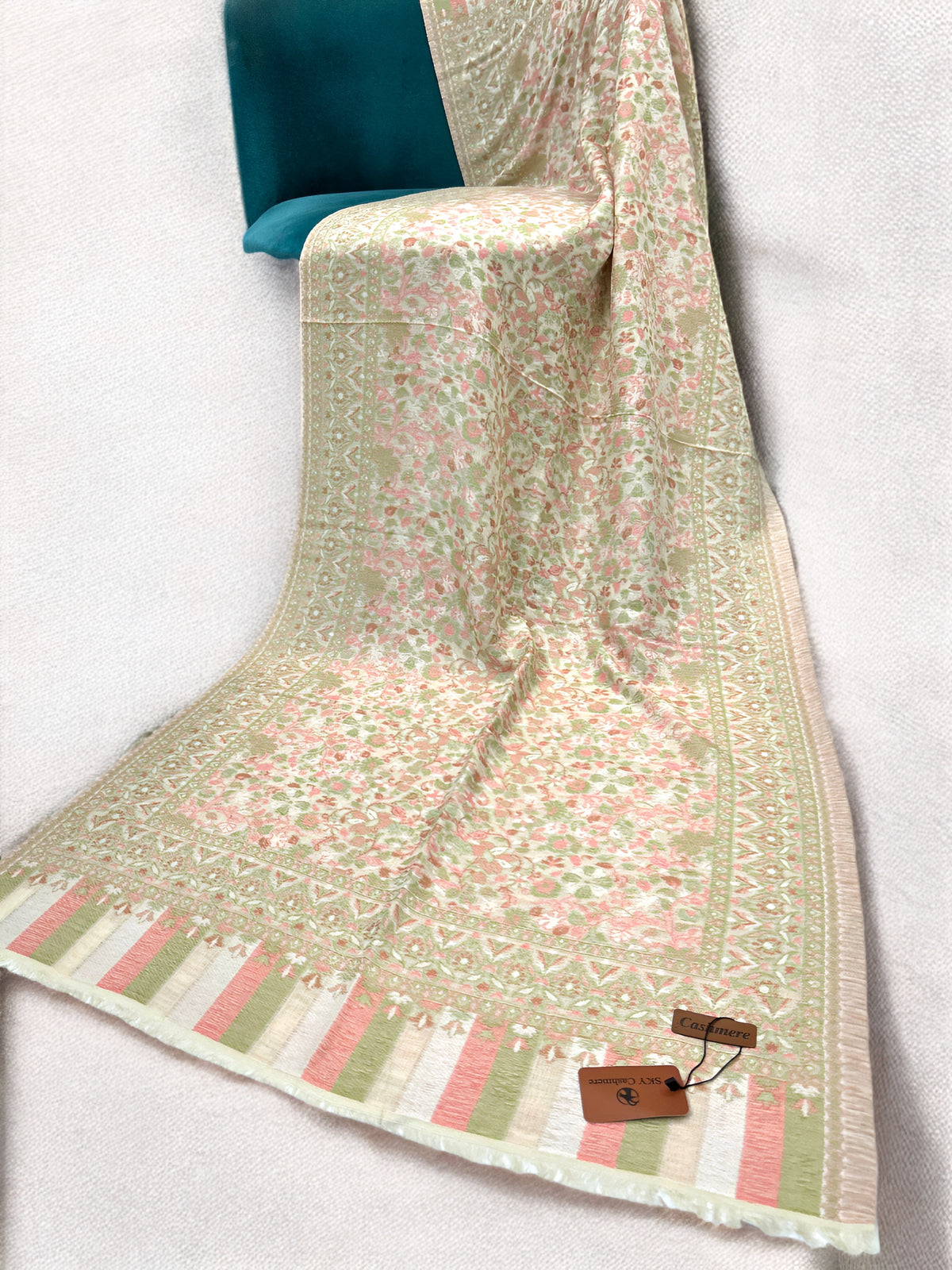 White Pink Pista Floral Kani Pashmina Hijab