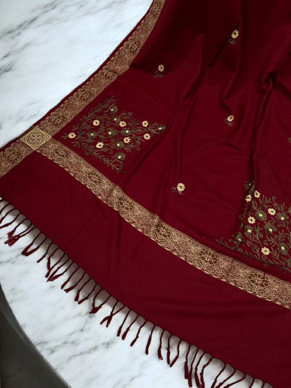 Maroon Cream Border Embroidered Gold Floral Pashmina Shawl