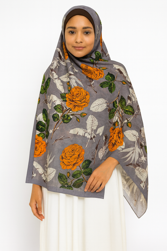 Large Satin Silk Scarf - Grey Orange Roses