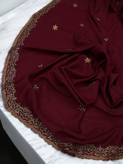 Maroon Rosegold Stars Cutwork Fancy Self Embroidered Shaal
