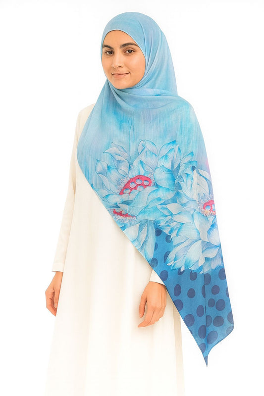 Large Satin Silk Scarf - Sky Blue Polka Floral