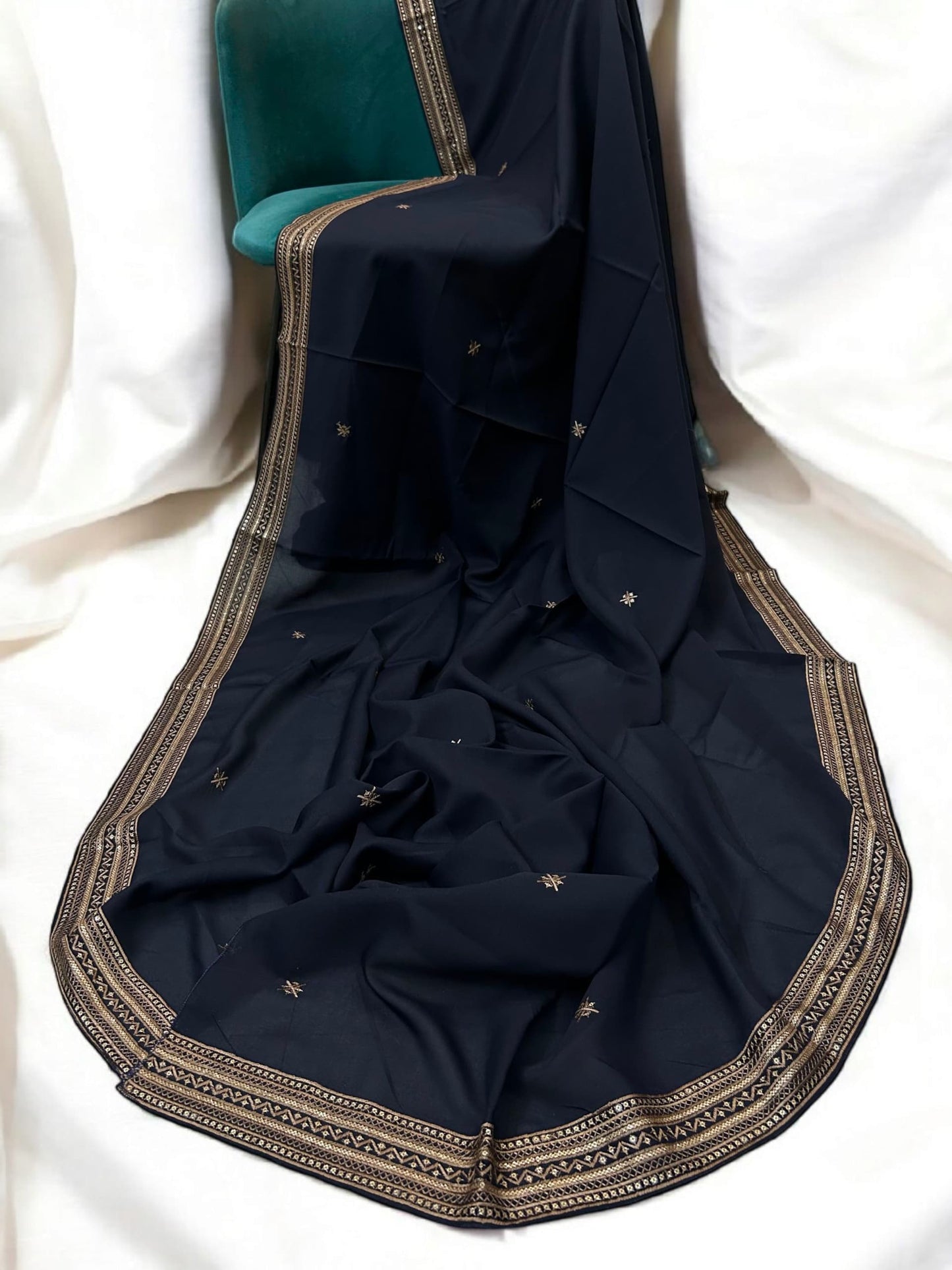 Navy Blue Cream Fancy Double Sequence Embroidered Shaal