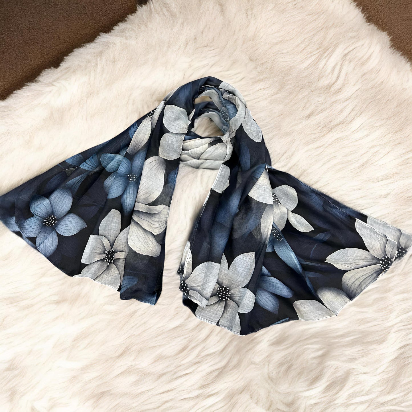 Black Blue Hibiscus Printed Modal Hijab