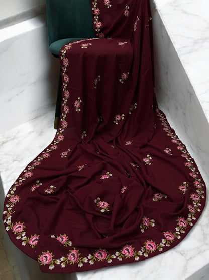 Maroon Pink Floral Garden Embroidered Shaal