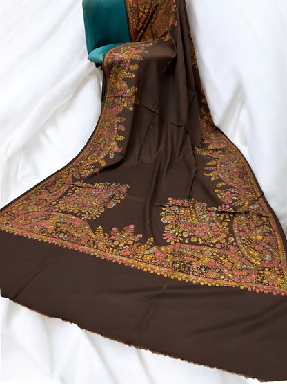 Brown Yellow - Hand Embroidered Paisley Kashmiri Shawl