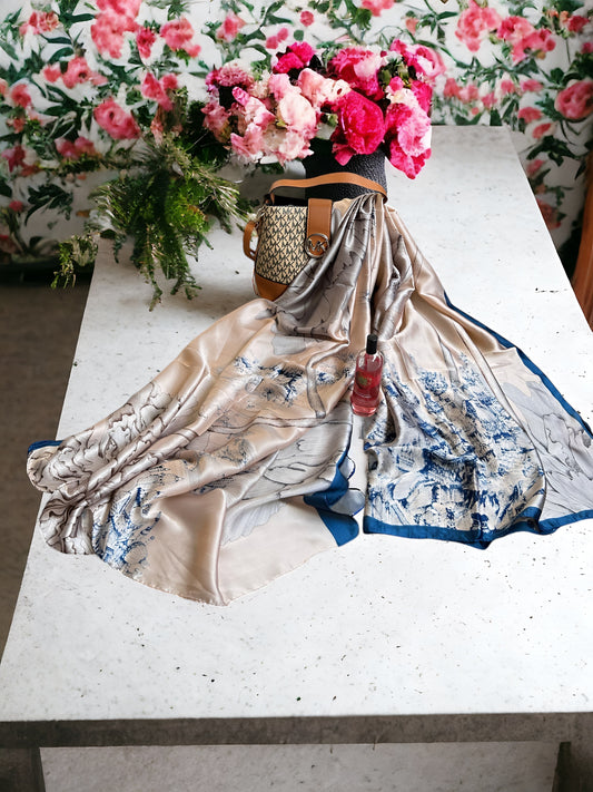 Large Satin Silk Hijab - Ivory Blue Floral