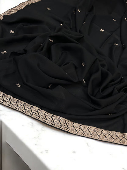 Black Fawn Curved Border Embroidered Shaal