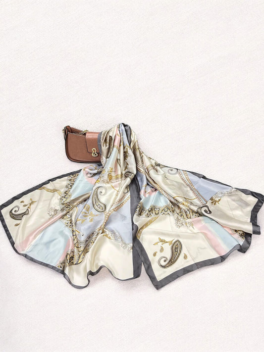 Large Satin Silk Scarf - White Pinkish Blue Paisleys