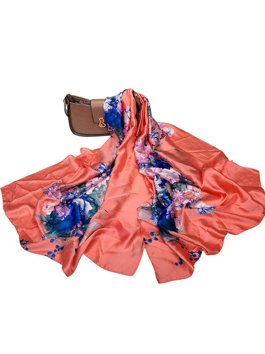 Large Satin Silk Scarf - Coral Pink Blue Floral