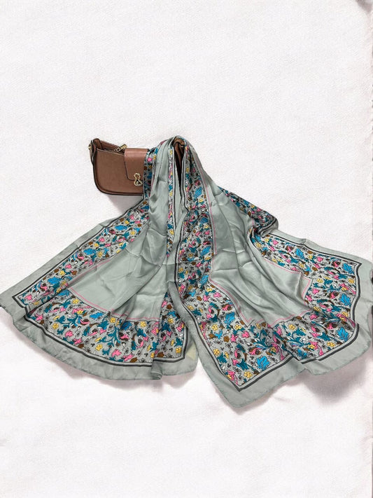 Large Satin Silk Scarf - Grey Multi Floral Border