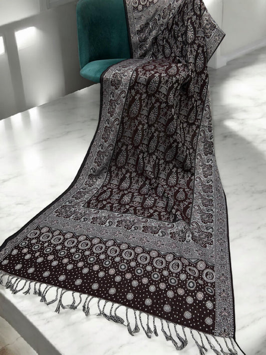 Umber Brown Silver Dotted Two-tone Paisley Pashmina Hijab
