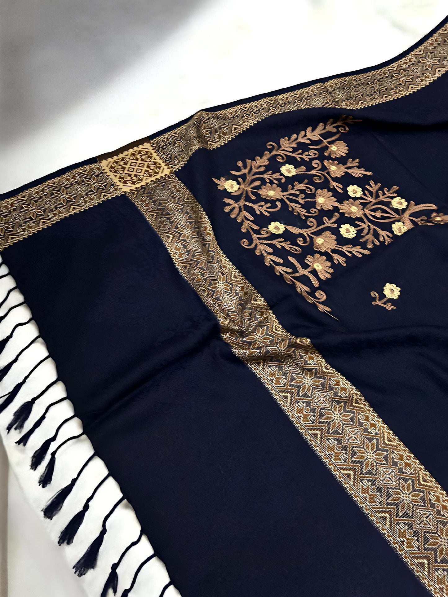 Black Beige Border Embroidered Peach Floral Shawl