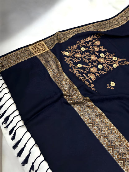 Black Beige Border Embroidered Peach Floral Shawl