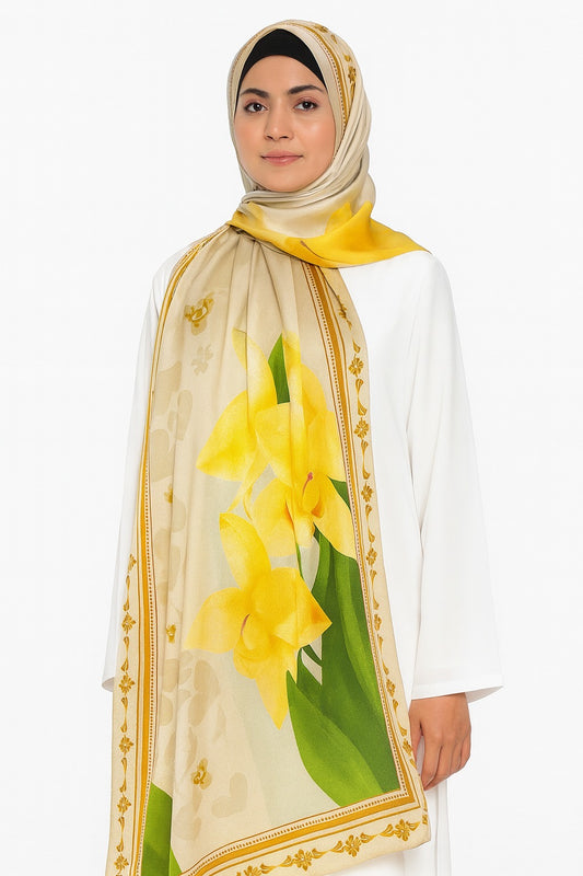 Large Satin Silk Scarf - Beige Yellow Floral