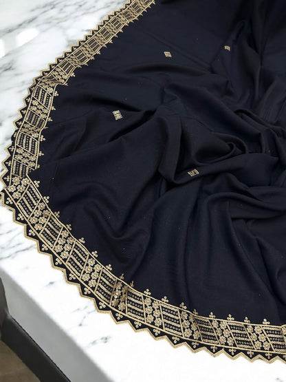 Navy Cream Geometric Cutwork Border Shaal