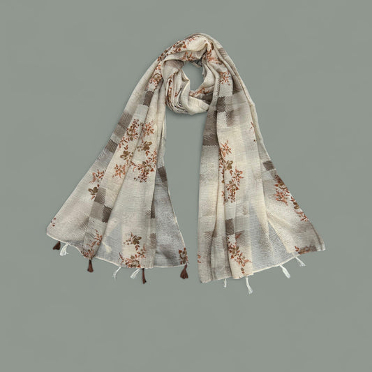 Grey White Sketches Floral Printed Modal Hijab