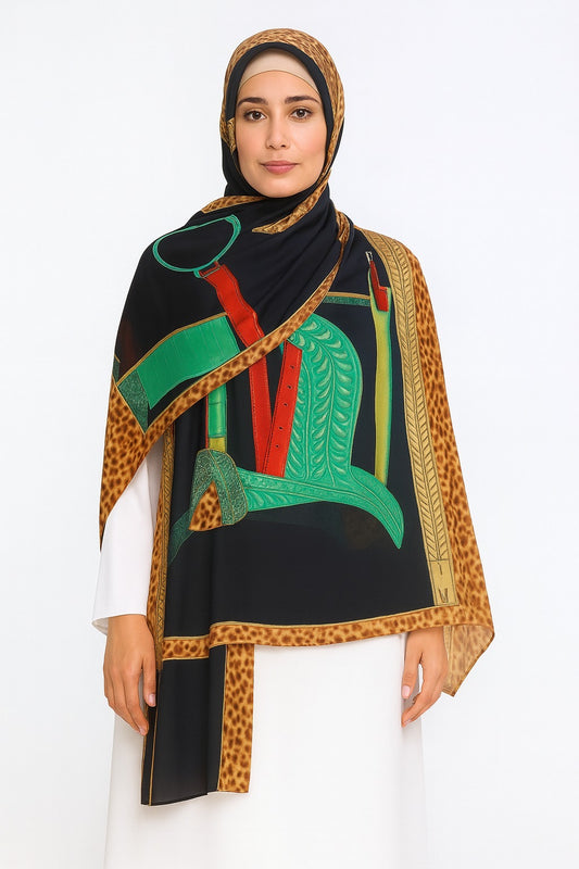 Large Satin Silk Scarf - Black Cheetah