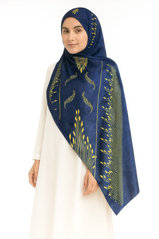 Large Satin Silk Scarf - Blue Yellow Floral