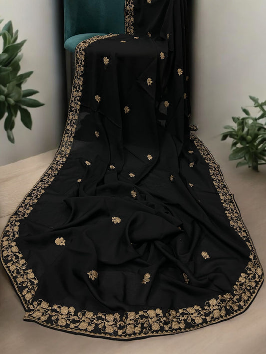 Black Beige Biscuit Floral Embroidered Shaal