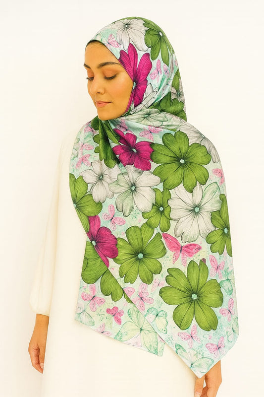 Large Satin Silk Scarf - Minty Green Butterfly Floral